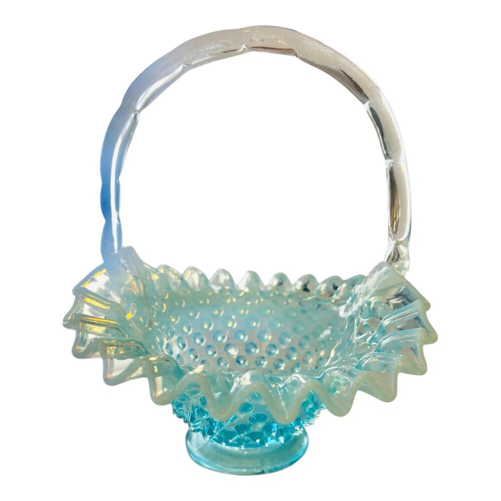 Vintage Fenton Blue Opalescent Hobnail Glass Basket Ruffled Edge Handle